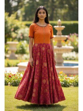 Taruni Orange Pink Gold Metallic Beaded Cutout Short Sleeve Ethnic Maxi Dress M
